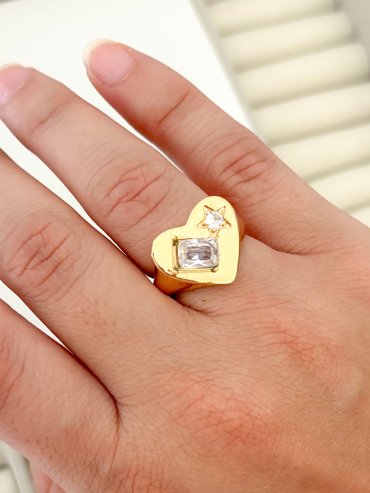Anillo Corazón Piedras, Anillo Dorado, Acero Inoxidable